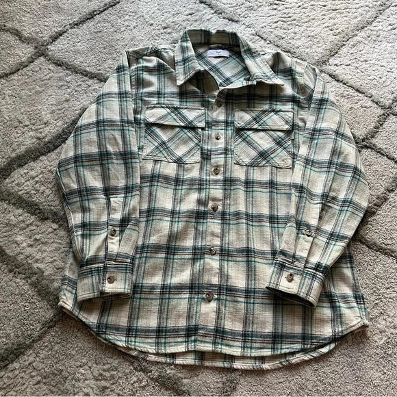 TNA Plaid Oversized Shirt button front flannel Fiona cream brown blue medium - Picture 6 of 13